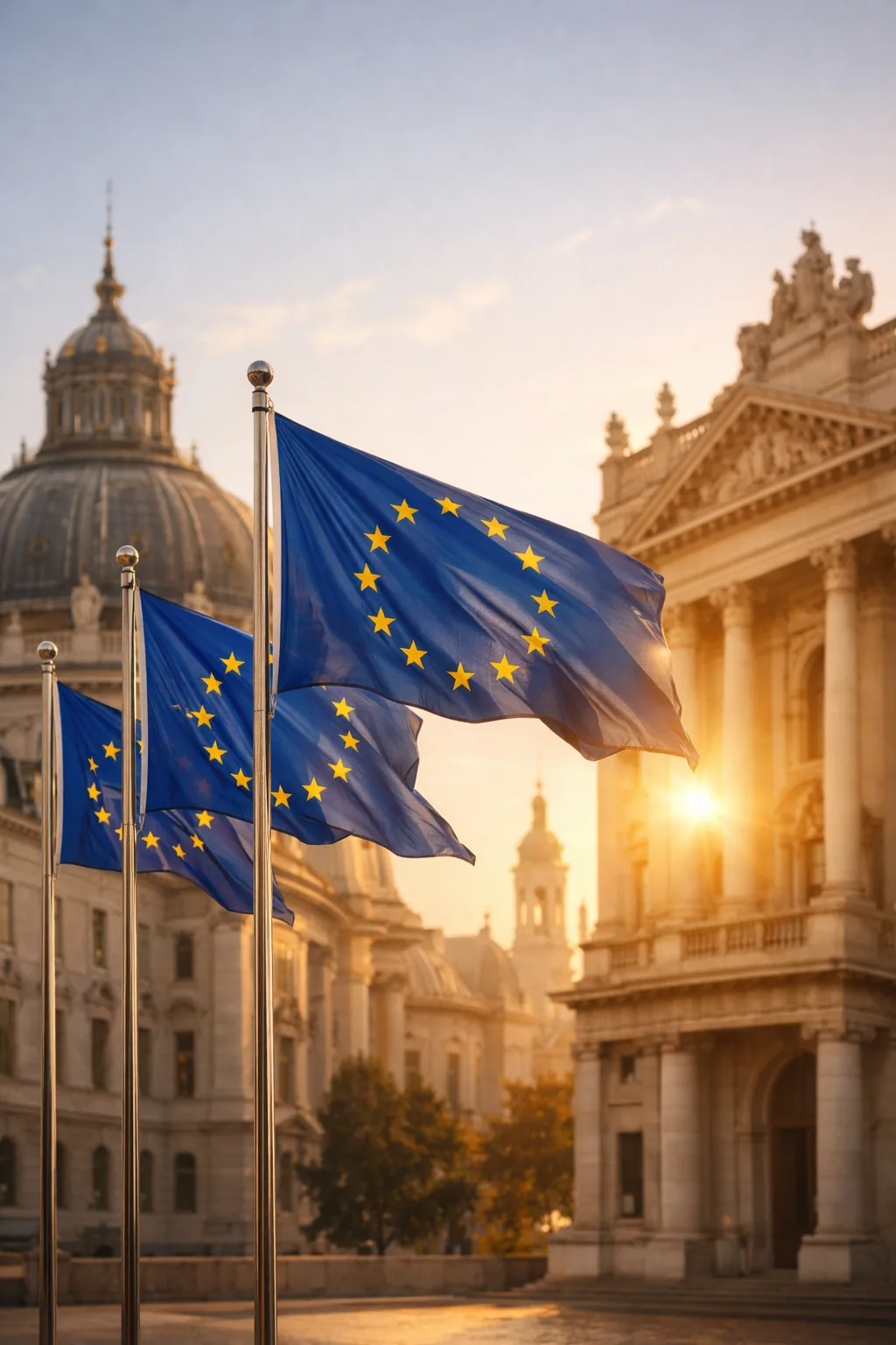 European Union flags with architecture