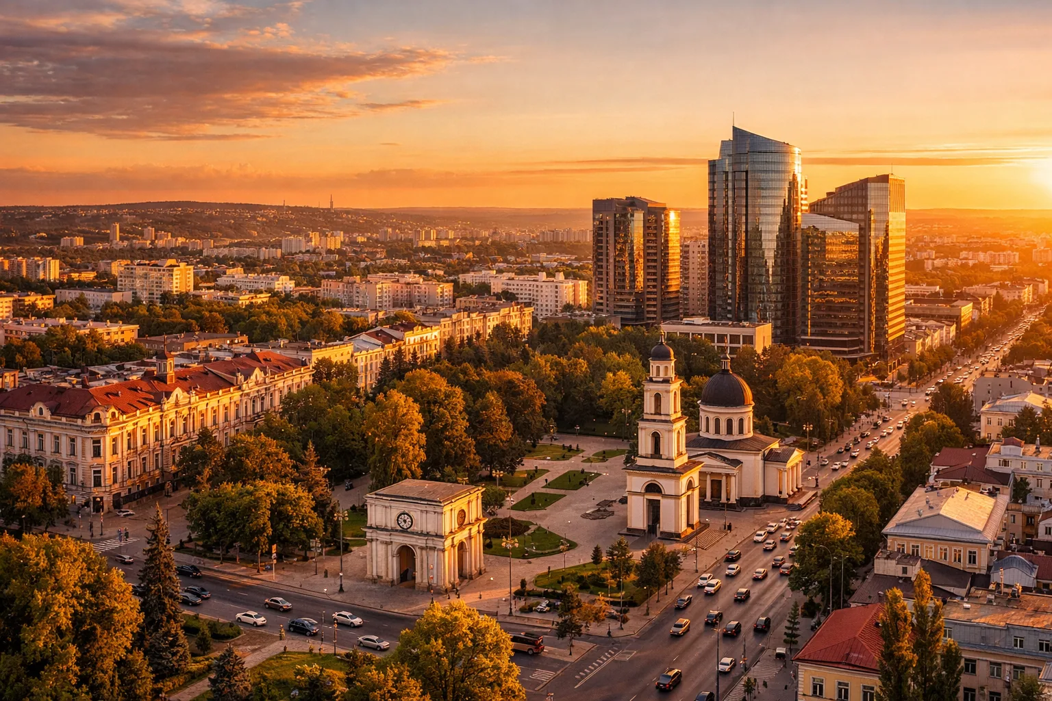 Aerial view of Chisinau cityscape at golden hour