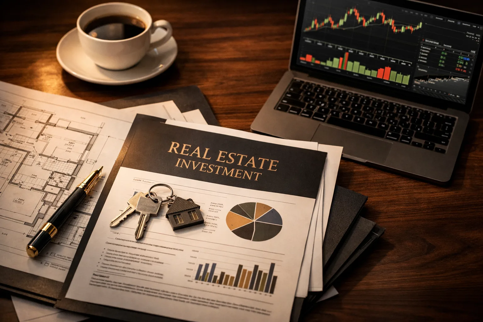 Real estate documents and analysis flat lay